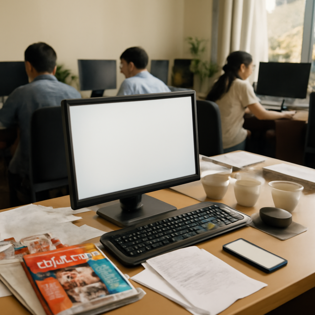Cluttered office desk with computer, papers, and tea cups, people working in background.