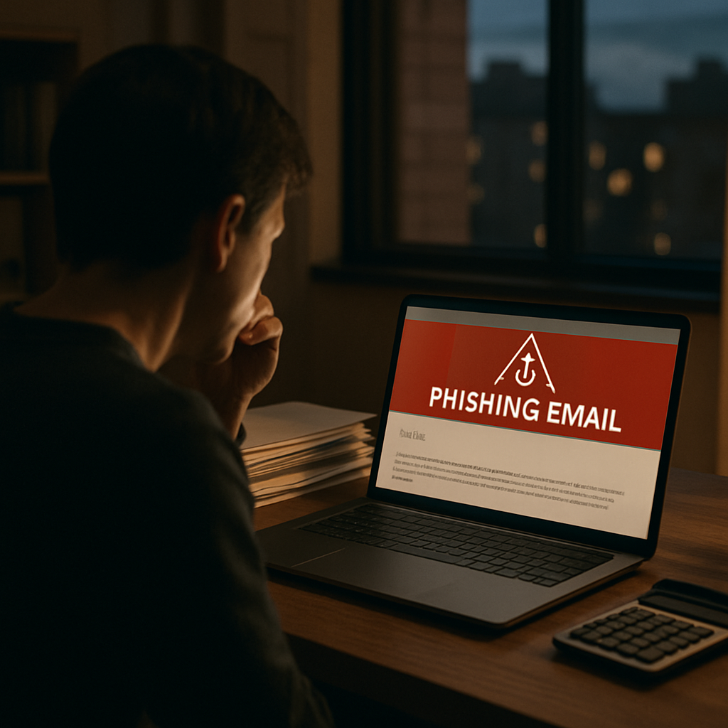 Person sitting at desk in dimly lit office, looking at laptop screen with phishing email, surrounded by papers and…