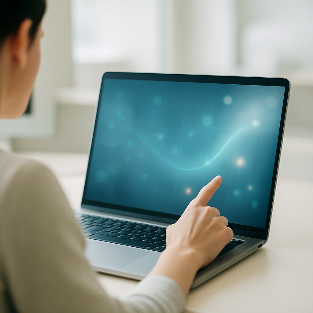 Person interacting with laptop in neutral office setting.