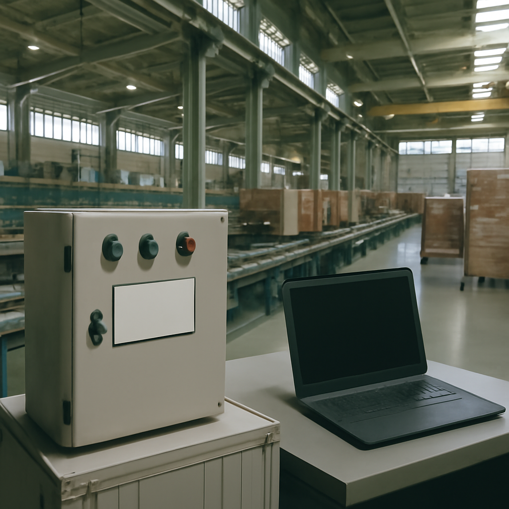 Industrial control panel and laptop in a Japanese manufacturing facility.
