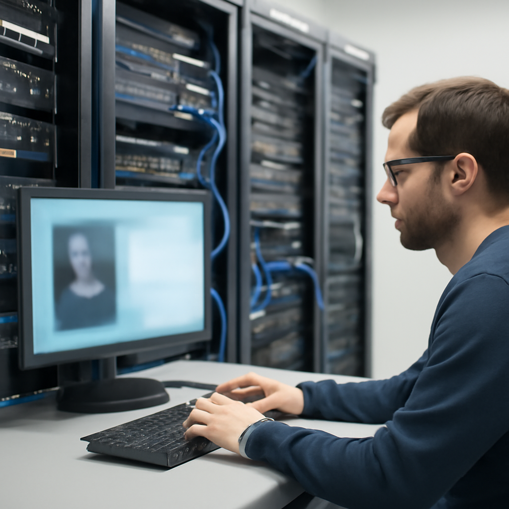 Server room with technician's remote support session on blurred computer screen.