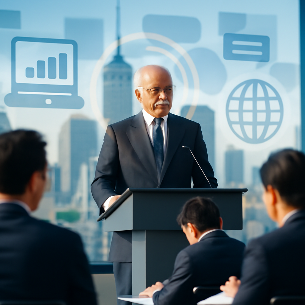 Senior government official speaks at podium with cityscape and tech devices in background.