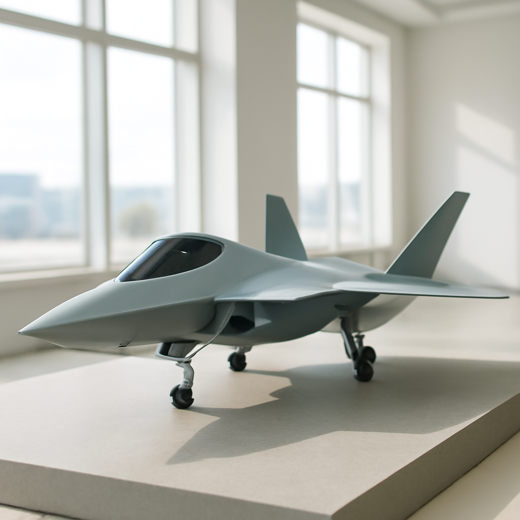 Sleek fighter jet model on a neutral surface in a bright, minimalist room.