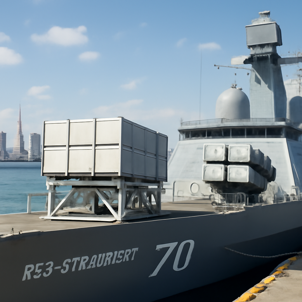 Singapore frigate RSS Steadfast docked at Tokyo port with missile container and launcher on deck.