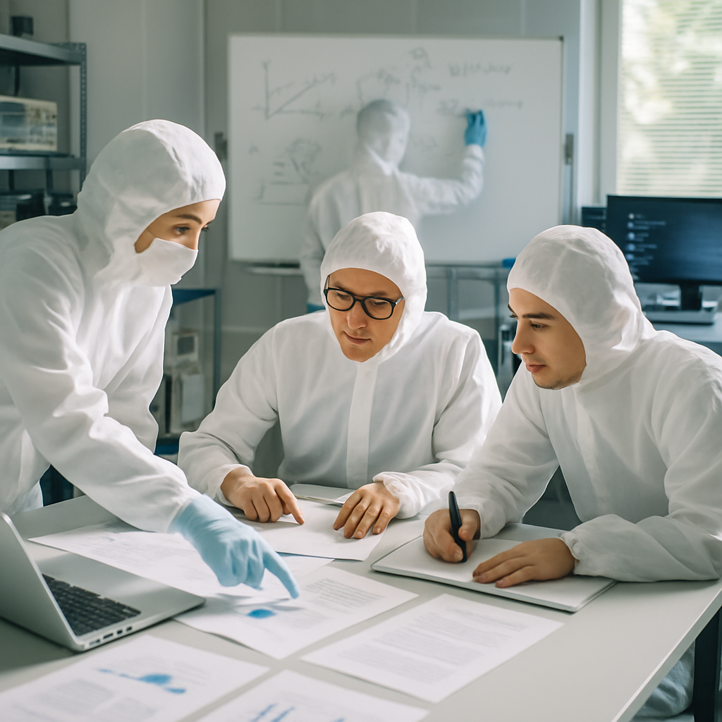Researchers collaborate in a lab setting with computers and equipment, discussing papers and notes around a large table.