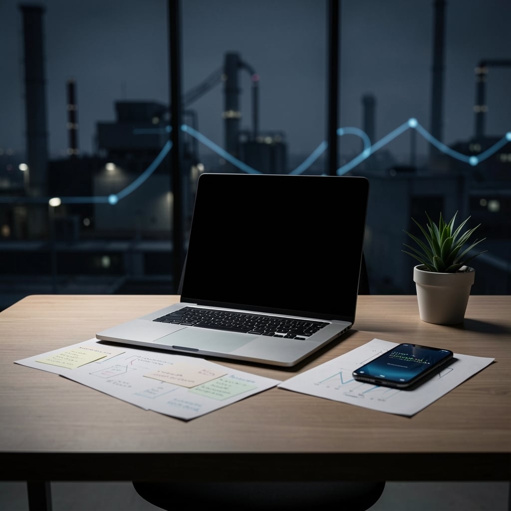 Modern office space with laptop, notes, and smartphone on a simple wooden desk.