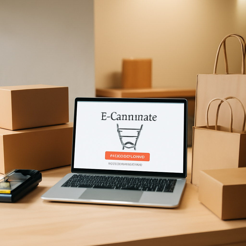 Generic e-commerce setup with laptop on counter surrounded by packaging materials.