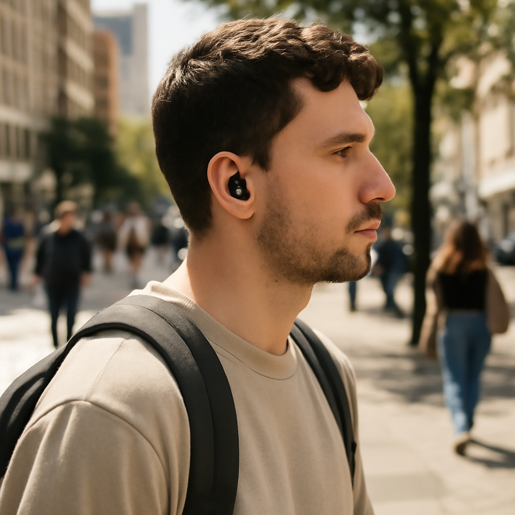 Person walking on city sidewalk wearing earbuds with busy urban background.