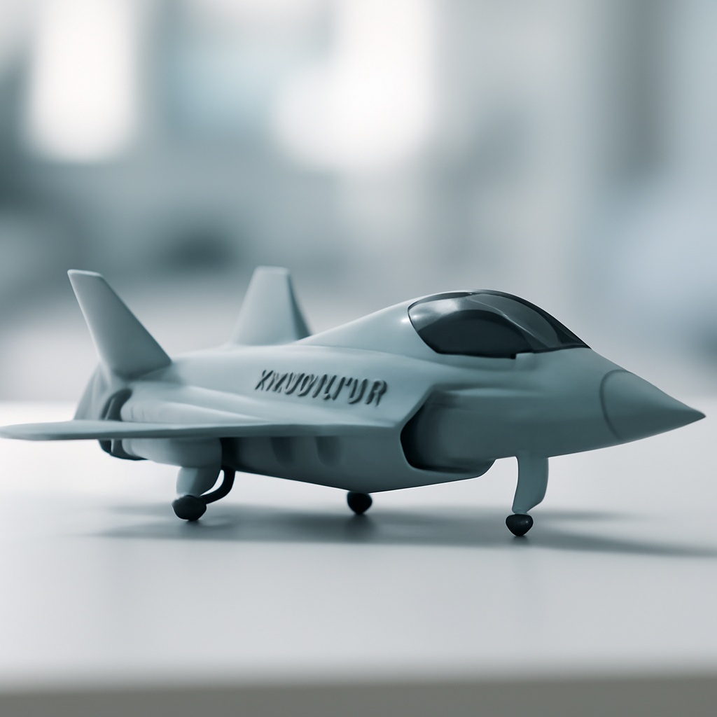 Futuristic interceptor drone on a clean display table with blurred background.