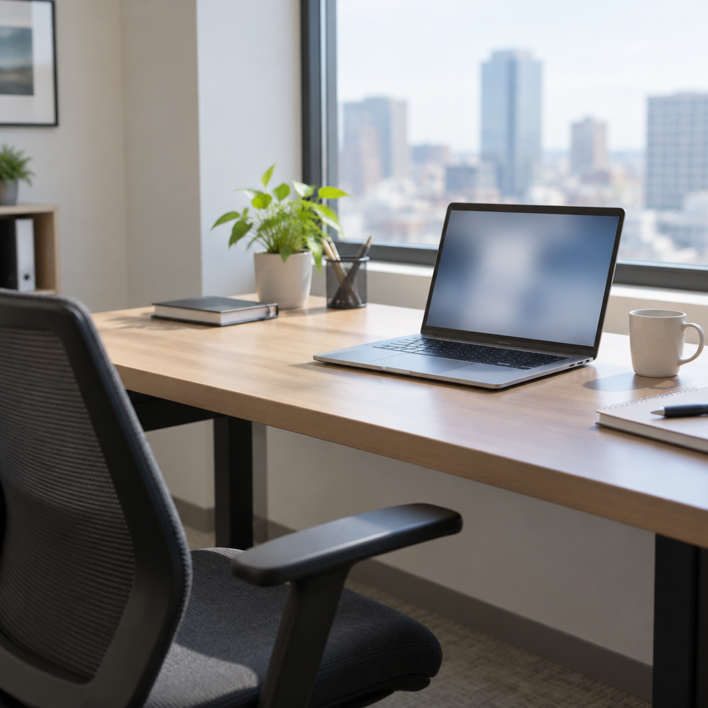 Empty office workspace with laptop and chair, suggesting recent activity near a window with natural light.