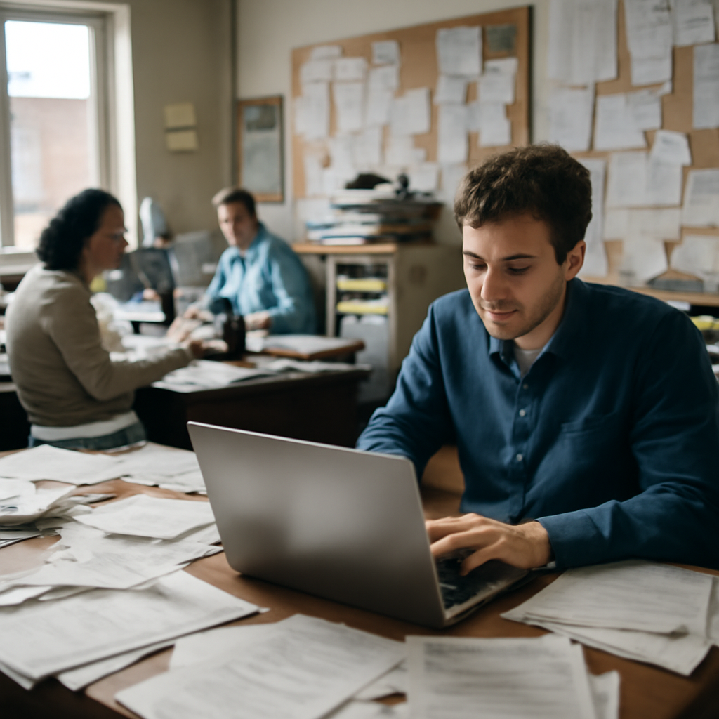 Small office with employees working at cluttered desks, surrounded by papers and notes in natural daylight.