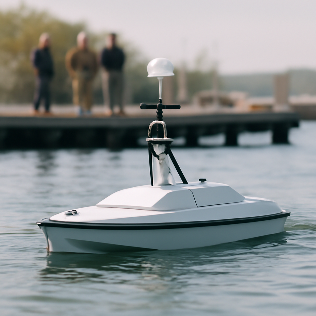 Small unmanned surface vessel on calm water near a dock with people standing nearby.