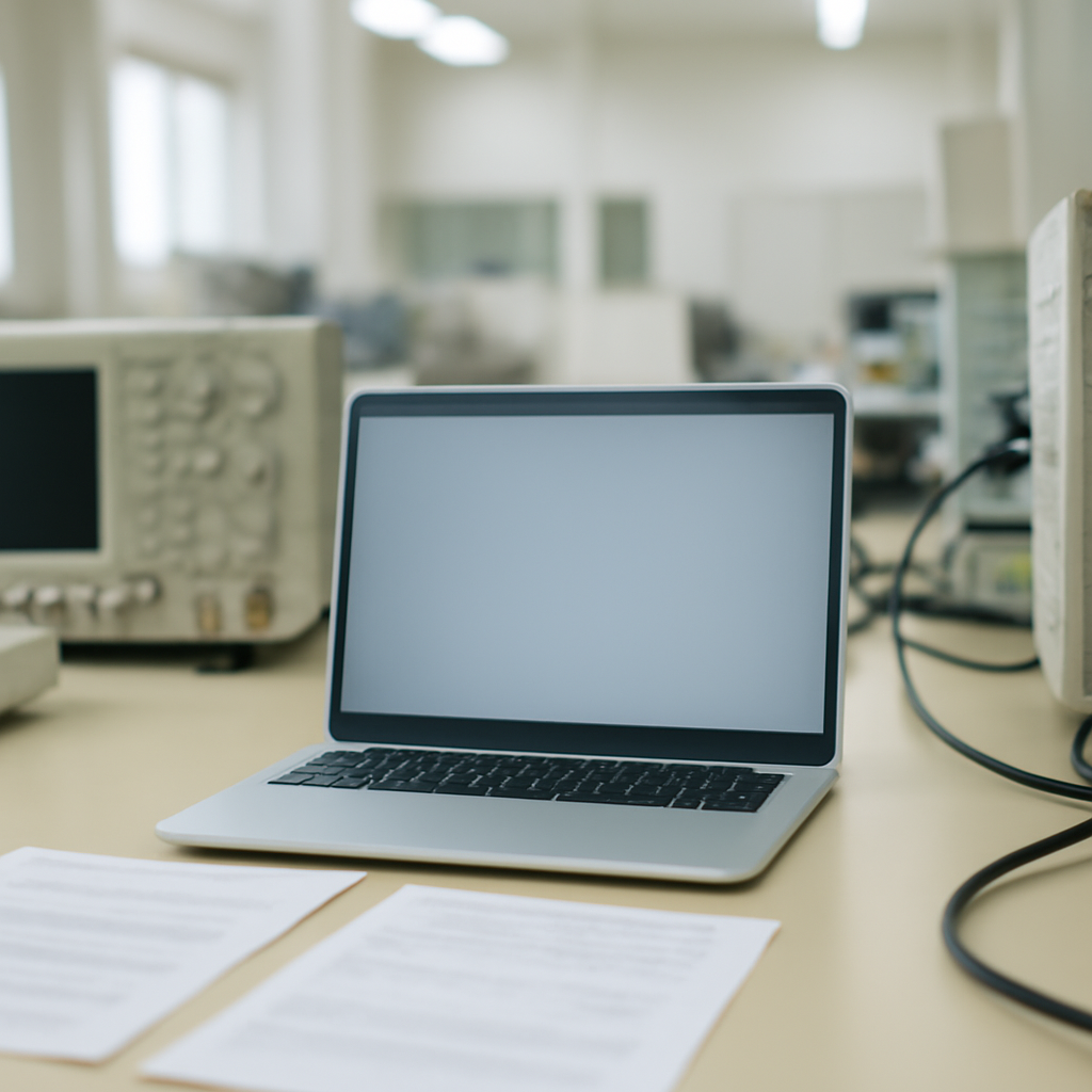 A computer workstation with a blurred laptop screen surrounded by out-of-focus technical equipment in a neutral setting.