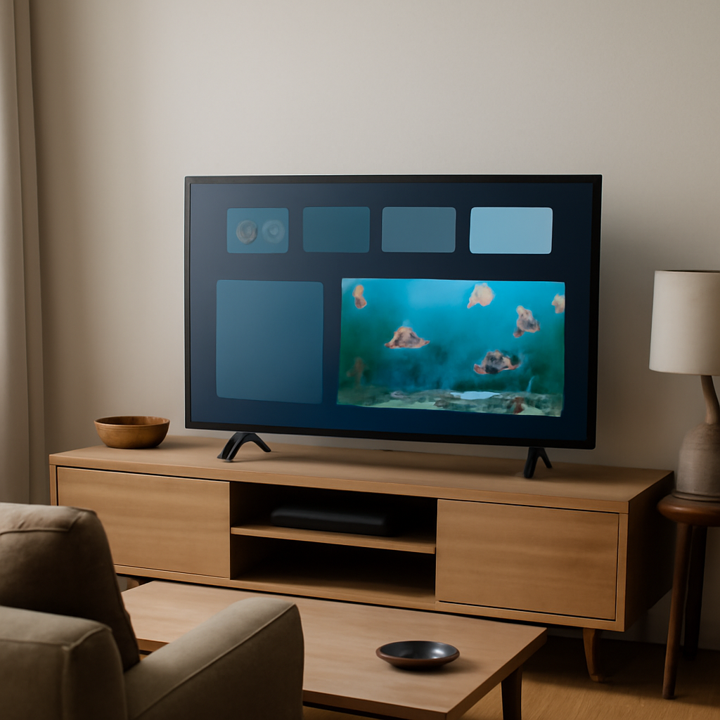 Smart TV on an entertainment center in a living room with ambient daylight and low-utility apps on the screen.