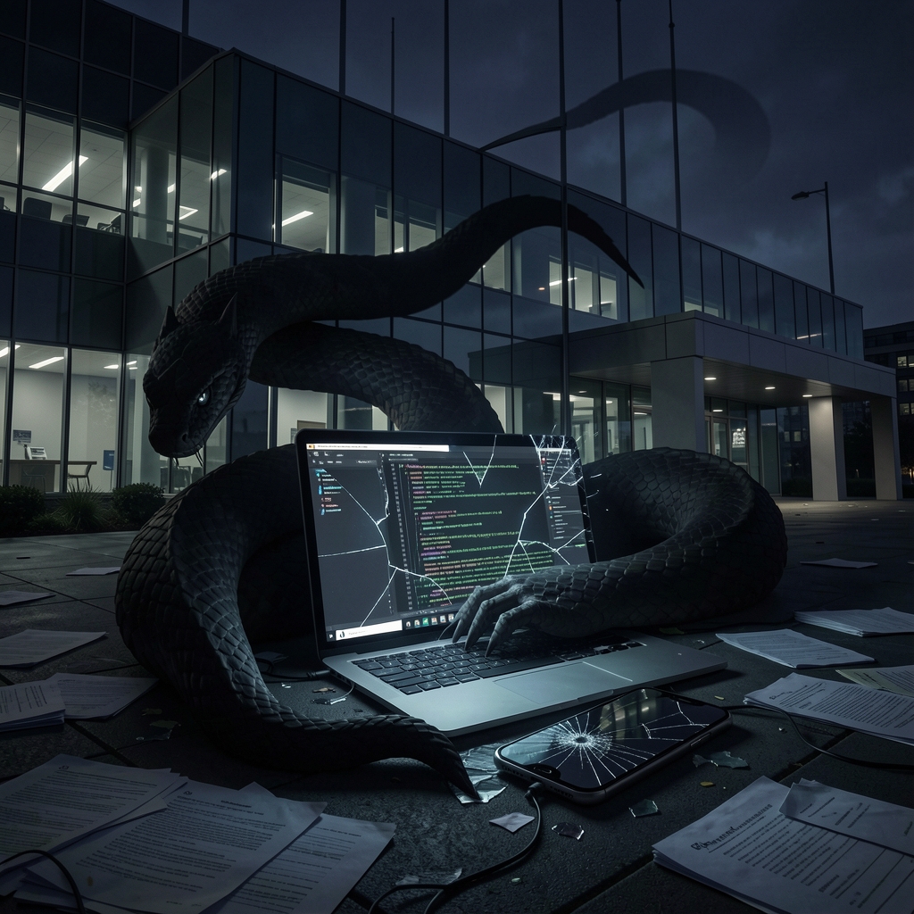 Dark, ominous nighttime scene of a tech company HQ with a serpentine shadow coiled around shattered devices and scattered…