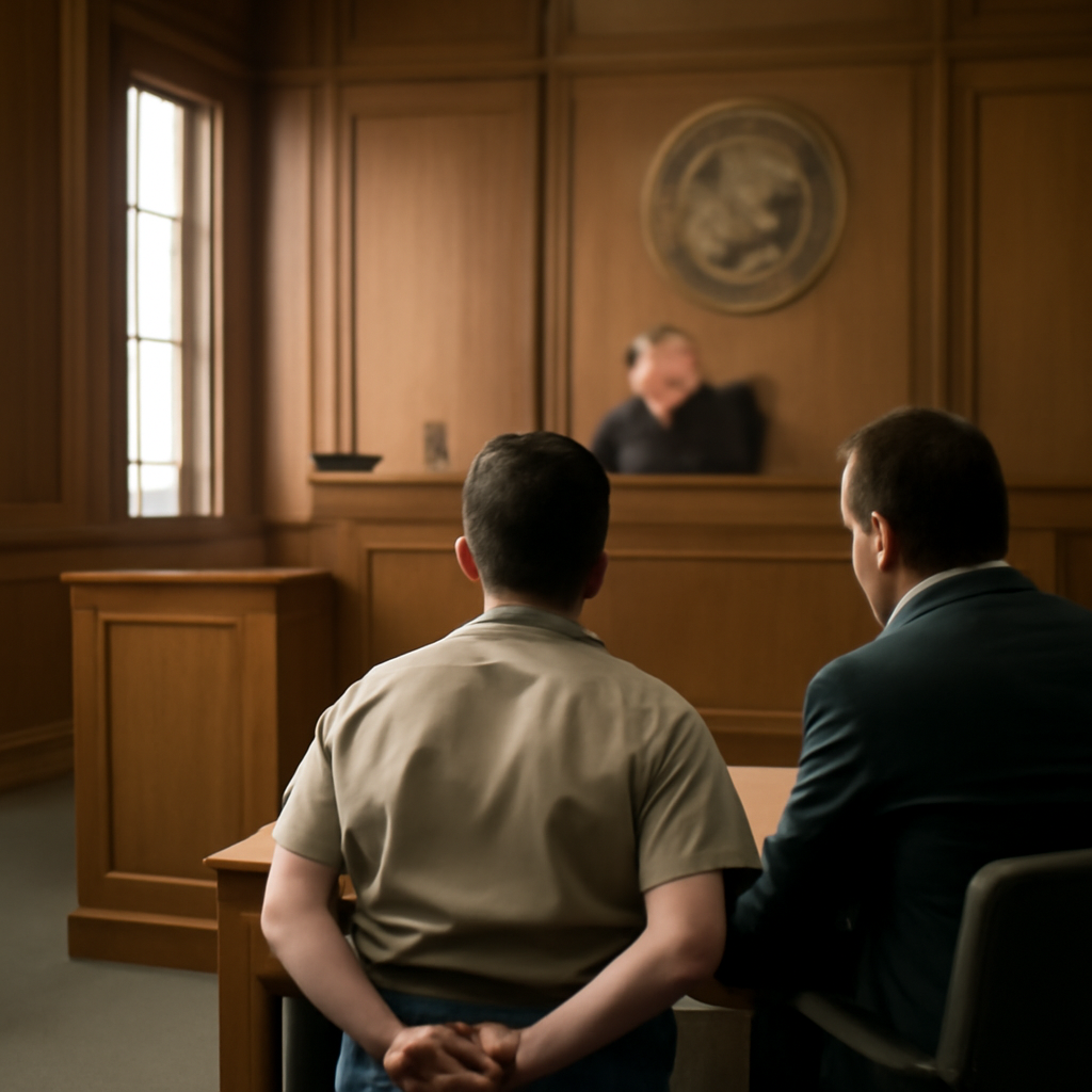 Defendant sits in federal courtroom with lawyer, hands restrained.