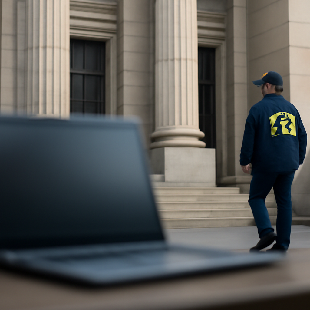 Law enforcement officer walks past blurred computer equipment outside a courthouse.