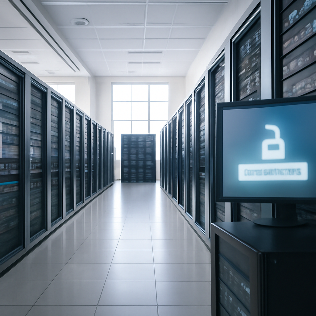 Large, empty server room with rows of server racks and natural light pouring in through tall windows.
