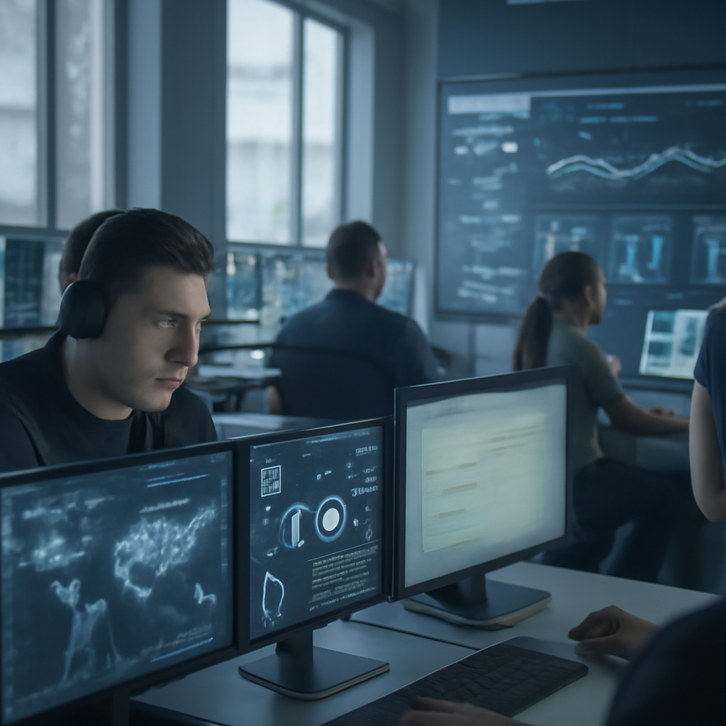 Security analysts work at desks surrounded by screens, with one monitor showing a concerning system alert.