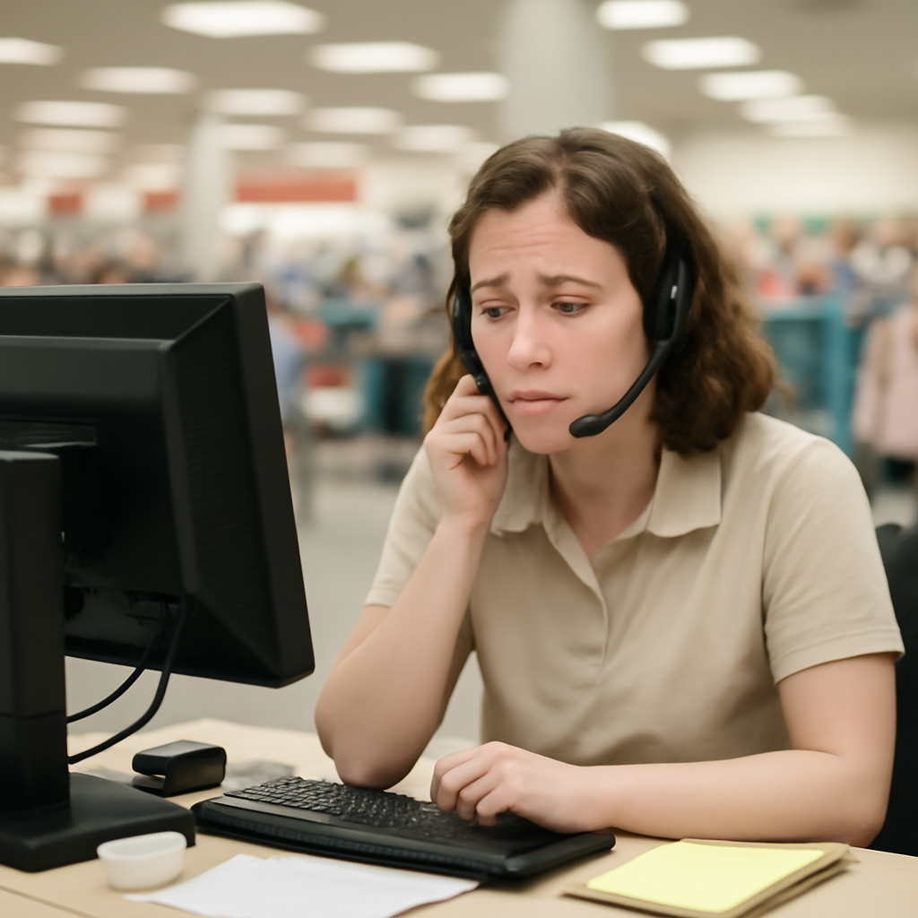 Customer service representative on phone call at retail service desk.