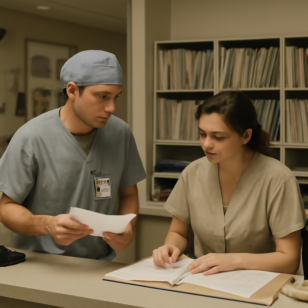 Hospital worker interacts with nurse, fake security badge visible, conveying vulnerability.