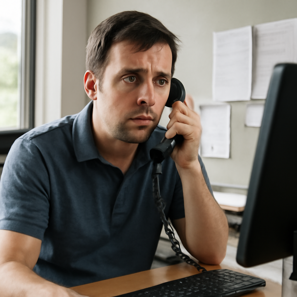IT manager sits at desk with concerned expression, surrounded by office decor.