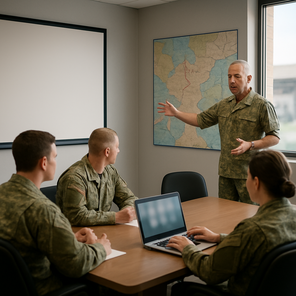 Military personnel in a briefing room with a senior officer gesturing towards a blank screen.