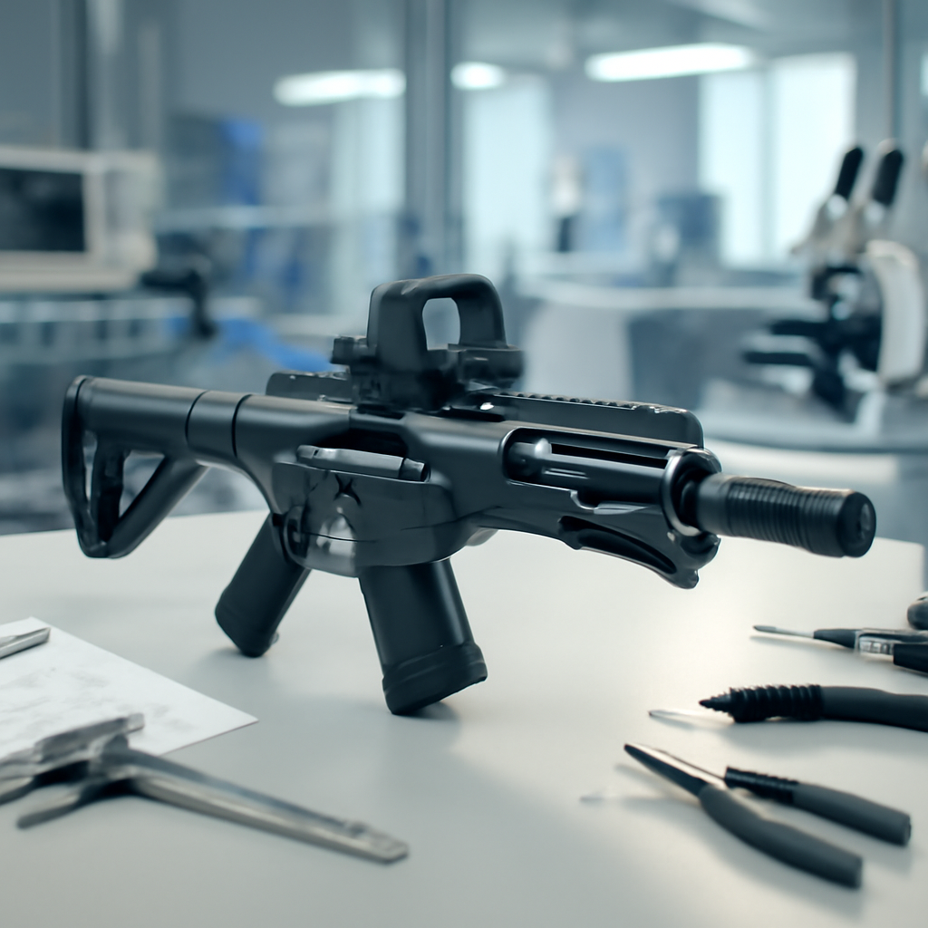 Futuristic carbine on a clean surface surrounded by technical instruments and tools in a laboratory setting.