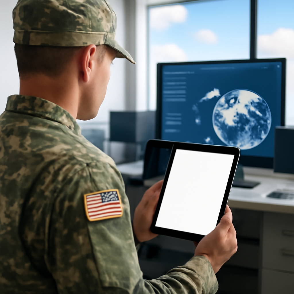 US military personnel in command center with tablet displaying satellite imagery.
