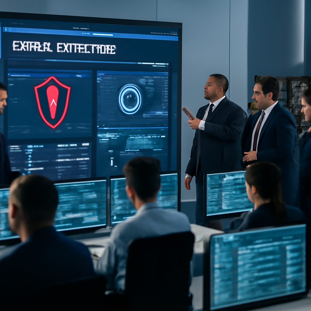 Security professionals monitor threat detection interface in a brightly-lit operations center.