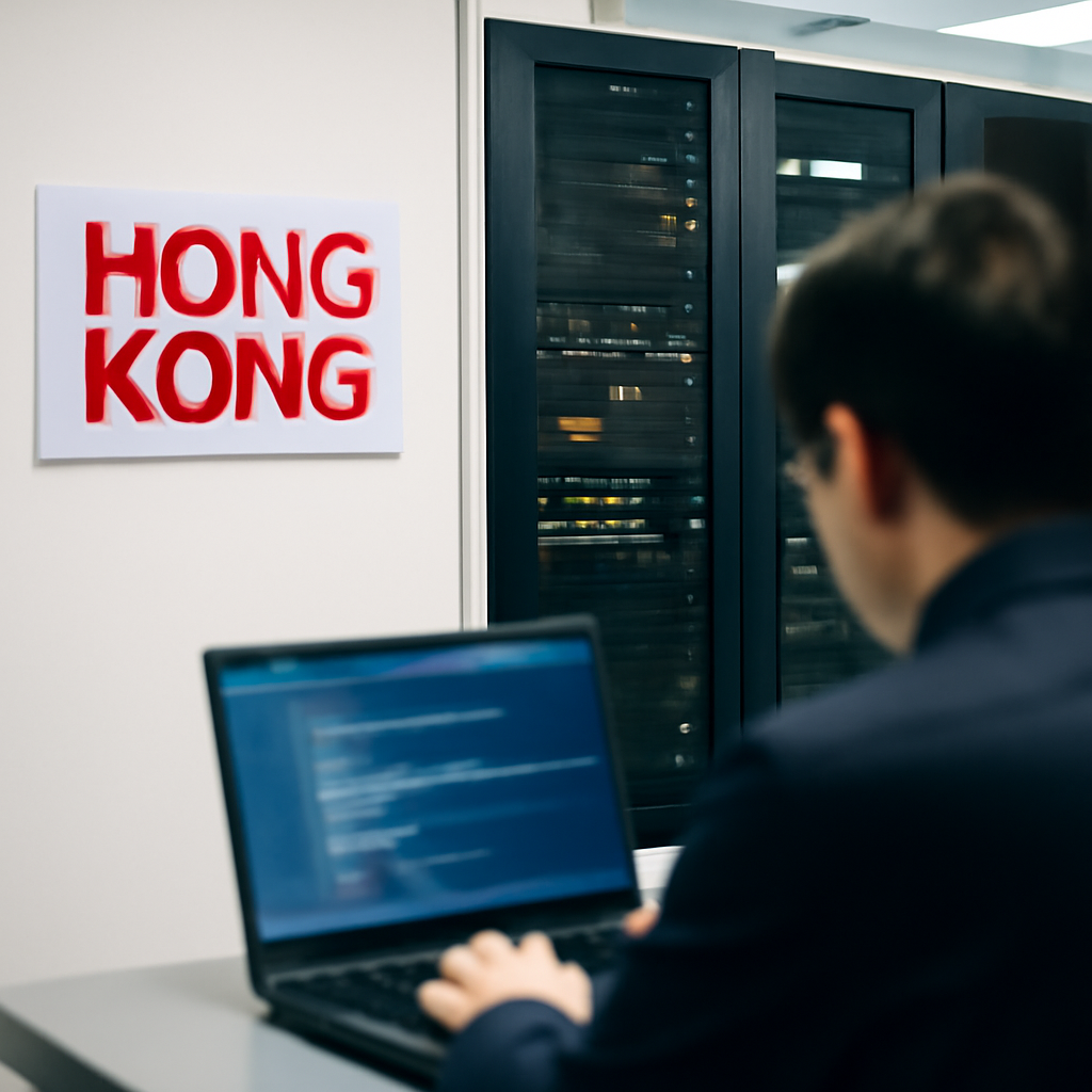 Brightly-lit office setting with server room in background and blurred computer terminal hinting at third-party vendor…