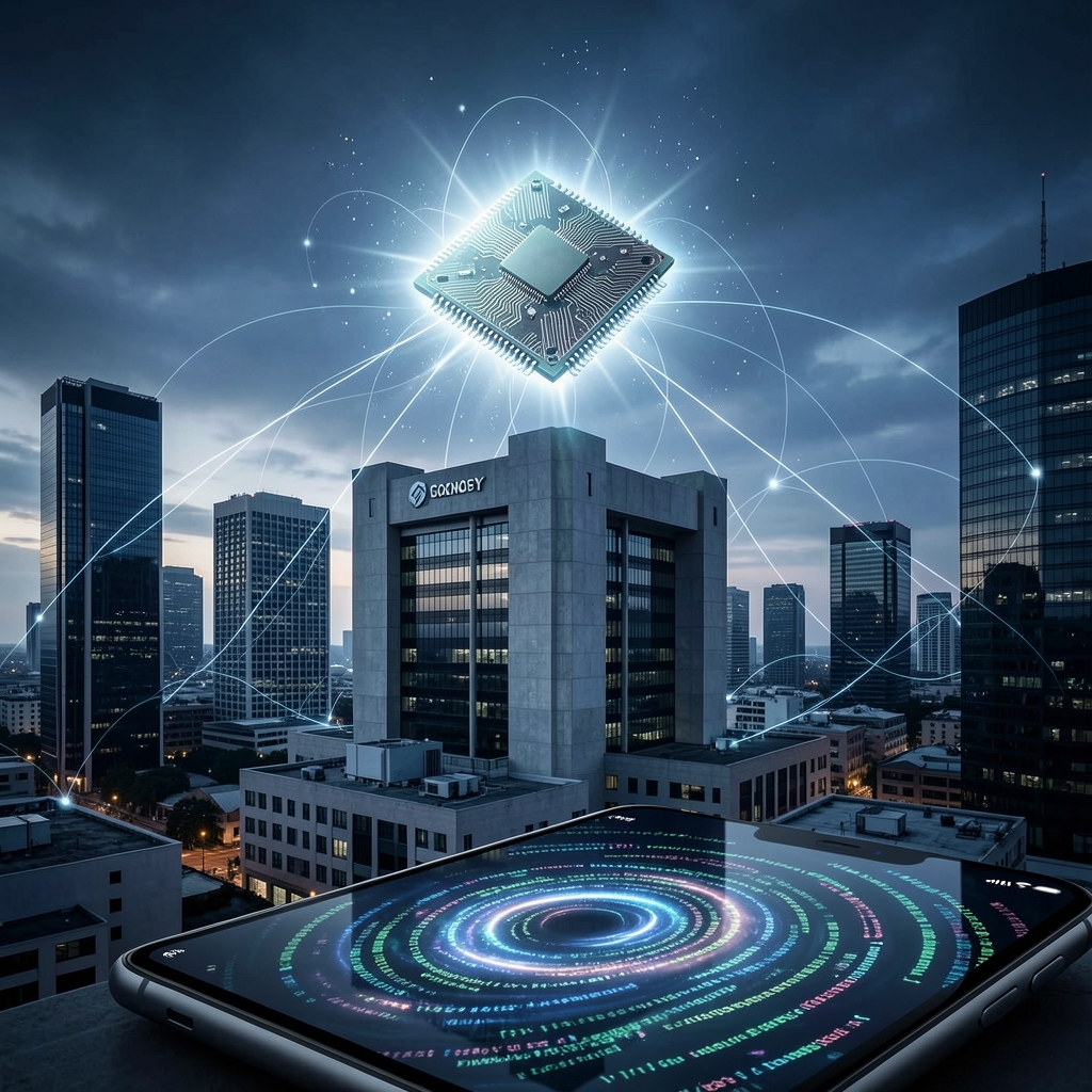 Glowing circuit board hovers above secure tech company HQ, surrounded by shimmering network connections at dusk.