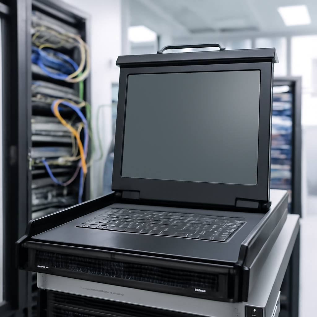 Server room equipment with a central computer server in sharp focus.