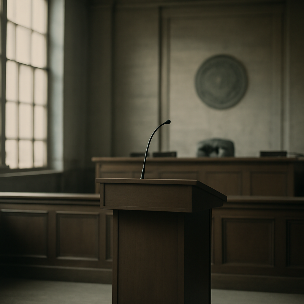 Courthouse interior with natural light, featuring a podium and circular seal.