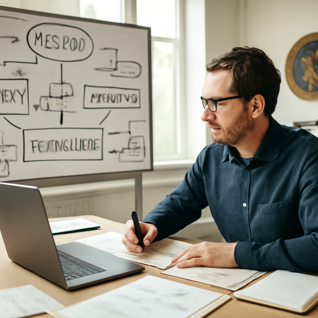 Solution architect working at desk surrounded by technology and policy documents near large windows.