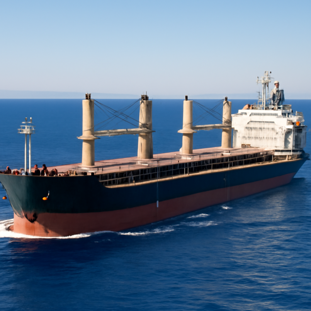 Bulk carrier ship sails through Red Sea with crew on deck.