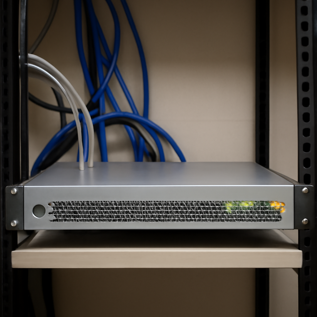 Rack-mounted network device with blinking lights in a server room setting.
