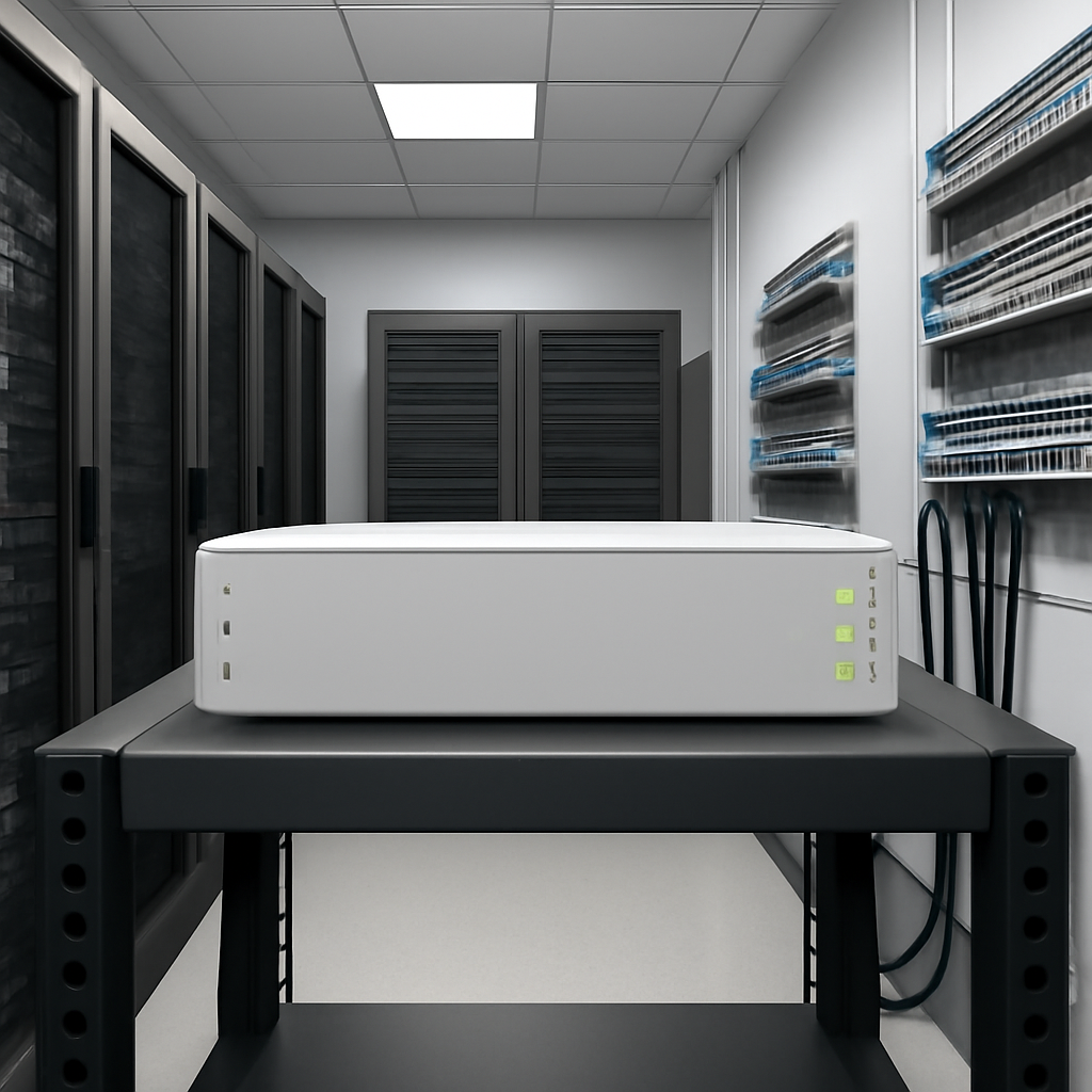 Network appliance sits on a rack in a data center room with server racks and patch panels.