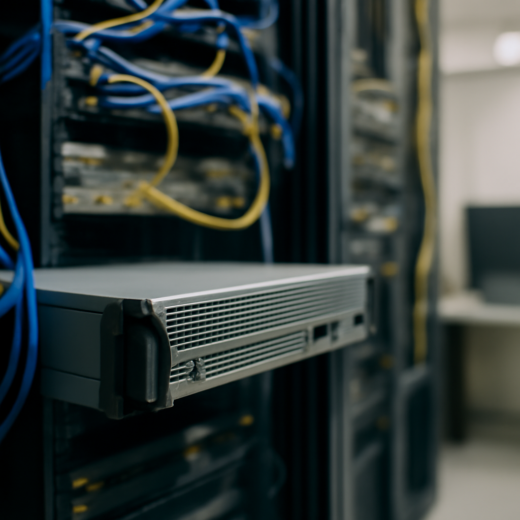 Network equipment room with a central server or appliance surrounded by cables.