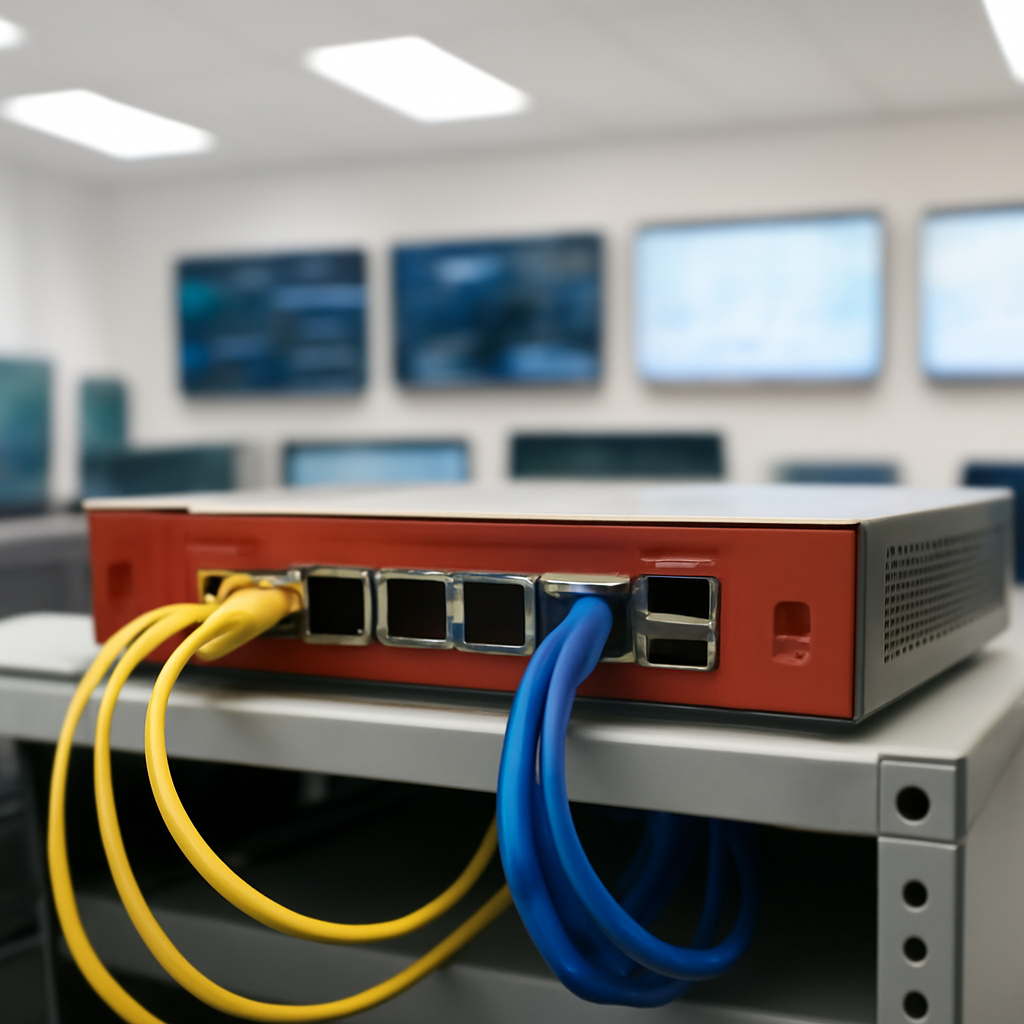 Network device with multiple cables on a rack in a brightly-lit operations room.