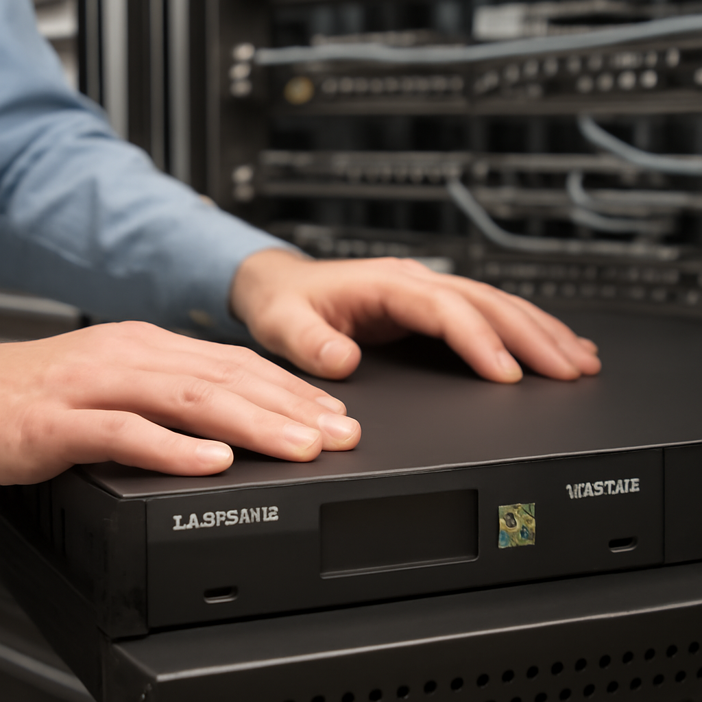 Network administrator's hands on rack-mounted SonicWall SMA1000 device in data center.
