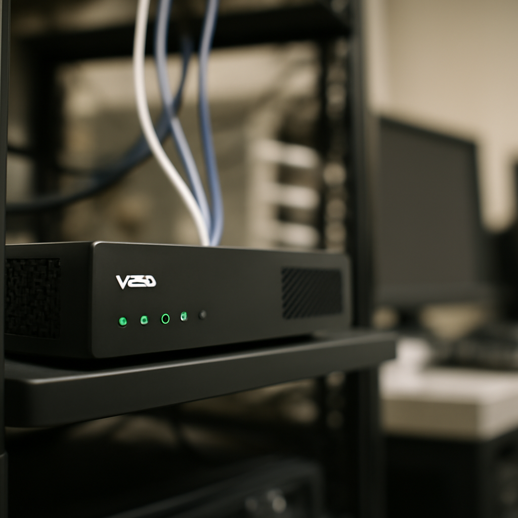 Network equipment sits on a rack in a neutral-colored tech room with visible cables.