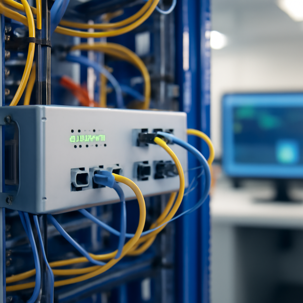 Network equipment room with racked device, cables, and blurred management console.