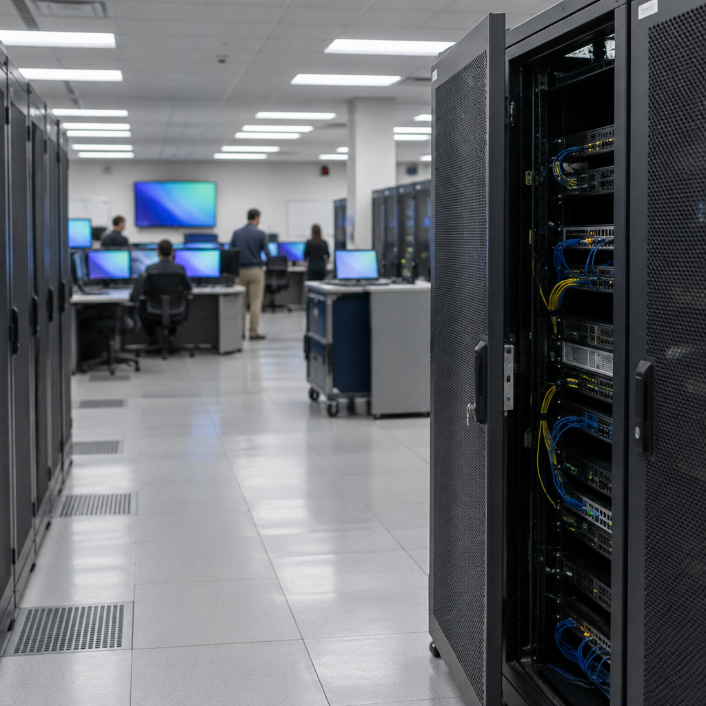 Rows of computer servers and networking equipment in a brightly-lit, neutral server room with a few people in the background.