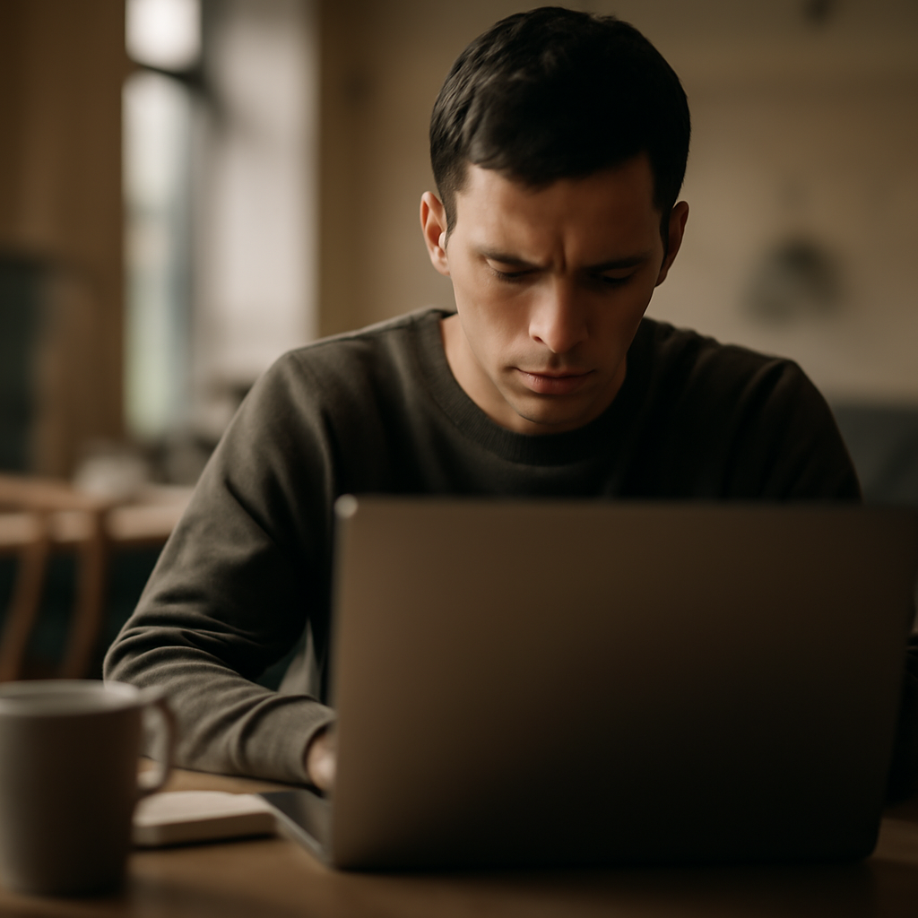 Person sits at laptop in quiet workspace, face downcast, focused on blurred screen.