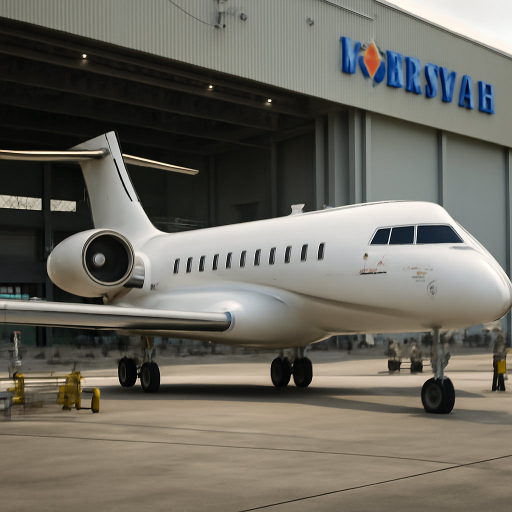 Business jet on a runway with subtle logo in background.
