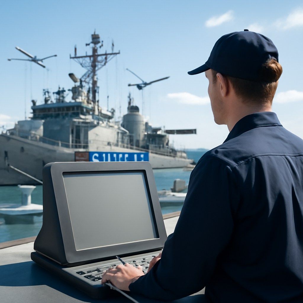 Naval personnel interact with console at Busan Naval Base surrounded by mine warfare technology.