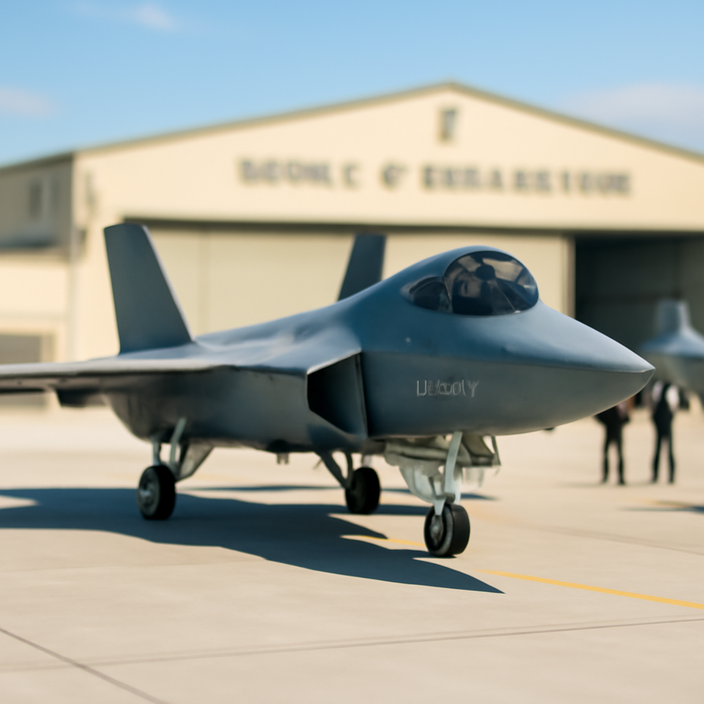 KF-21 fighter jet centered on a runway with personnel and hangar in background.
