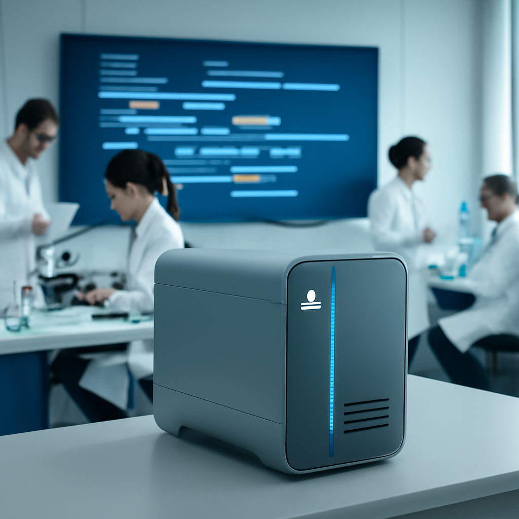 Scientists work in a lab with futuristic equipment and a large screen displaying abstract code.