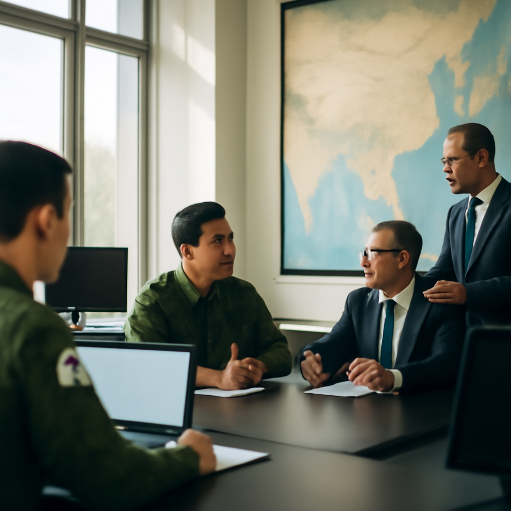 Military officials in uniform gather around a large map of Asia in a modern briefing room.